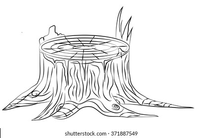 Hand drawn old stump, black and white outline