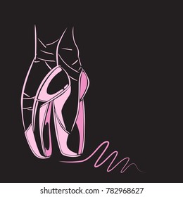 Hand drawn old style lettering of word Ballet. Vector illustration with ballet dancers legs wearing Pointes. Dance school template.