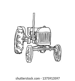 Hand Drawn Old Tractor on White Background. Vector illustration