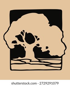 Handgezeichnete alte Baumsilhouette im Linocut-Stil, minimalistische Eichenbaum-Vektorgrafik, naive Tintenskizze mit organischen wackeligen Linien, rustikales Natursymbol auf beigem Hintergrund für umweltfreundliches Branding