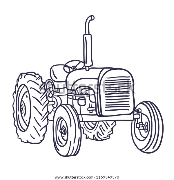 Hand Drawn\
old vintage tractor. Vector\
illustration