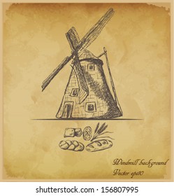 Hand drawn Old windmill background/poster. Vector eps10.