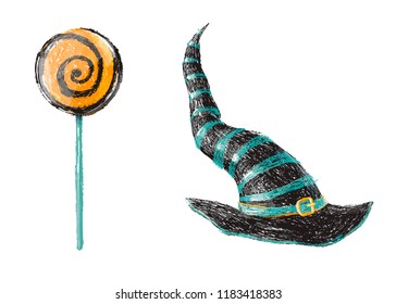 Hand drawn old witch hat and Halloween sweet lollipop isolated on white background. Pencil drawing. Scary Halloween collection