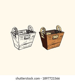 hand drawn old wooden basket. wicker rope and wooden old basket
