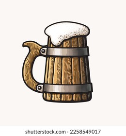 Hand drawn old wooden beer mug with foam in cartoon style. Vector illustration isolated on white background.