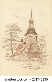  Hand drawn old wooden church vector illustration
