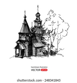 Hand drawn old wooden church. The Museum of wooden architecture in Russia. Vector illustration.