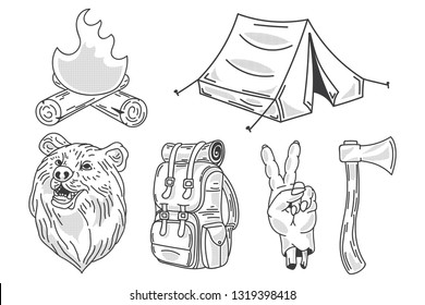 Hand drawn oldschool illustrations set of axe, hand, backpack, bear, tourist tent and fire. Isolated on white background.