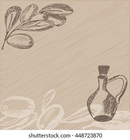 Hand drawn olive branch with glass bottle. Sketch style background. Vector illustration.