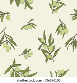 Hand drawn olive branch seamless pattern. Nature and organic background. Can be used for menu, cafe, bar, poster, wrapping paper and other design.