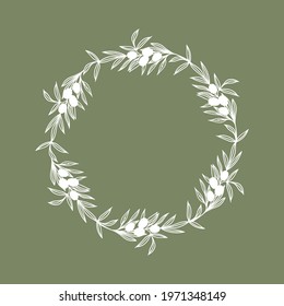 Hand Drawn Olive Branch Wreath In Retro Farmhouse Style. Logo Design Element, Template For Wedding, Engagement Invitations. Olive Oil Products Branding