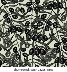 Ramas de oliva dibujadas a mano en un interminable patrón vectorial. Hojas y frutos de olivos. Dibujar con lápiz y tinta sobre un papel. Textura hecha a mano sin soldadura para textiles, paquete, papel de envoltura, tarjetas de felicitación.