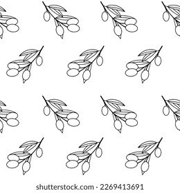 Hand drawn olive. Branches with fruits.Vector seamless pattern.