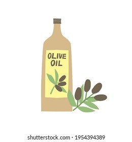 Hand drawn olive oil bottle isolated on white background. Flat cooking oil glass bottle and branch with leaves and olives. Mediterranean diet, organic vegetarian food trendy vector illustration