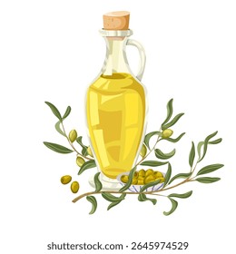 Hand drawn olive oil composition with glass bottle, plate and olive branches. Vector cartoon food illustration for branding, recipe visuals, menu design, product graphics, stickers, print