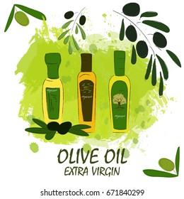 Hand drawn olive oil emblem set, labels olive oil, set of bottle for olive oil. Olive oil design vector background. 