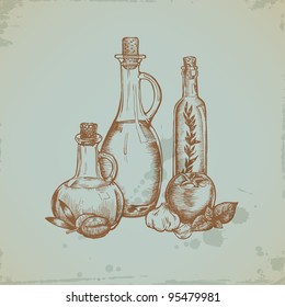 Hand drawn Olive Oil in Glass Bottles. Still life illustration. Vector