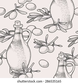 Hand drawn olive oil and olives seamless background