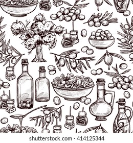 Hand Drawn Olive Oil Seamless Pattern With Sketch Olive Tree, Olive Branches And Olive Bottles