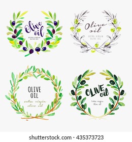 Hand drawn olive oil watercolor signs. Set of vector illustrations for olive oil labels, packaging design, natural products, restaurant and menu.