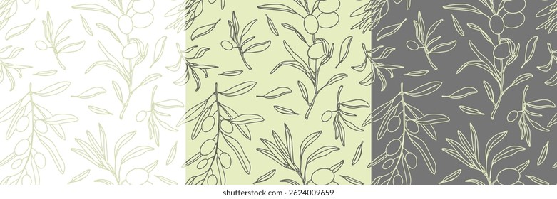 Hand drawn olive seamless pattern. Different coloured kitchen design. Cooking backdrop. Vector illustration.