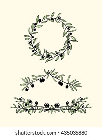 Hand drawn olive wreath, border and laurel graphic set made in vector. Beautiful floral design elements, ink drawing