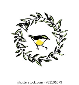 Hand drawn olive wreath with a small bird  made in vector. Beautiful floral design elements, ink drawing, logo template