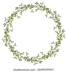 Coroa de azeitona desenhada à mão. Ilustração botânica vetorial com galhos e folhas, isolada em branco. Ótimo para embalagem, design de menu, papelaria de casamento, marca e rótulos cosméticos naturais