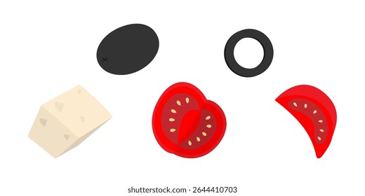 Hand drawn Olives Cheese and Tomatoes Sliced Colorful Salad Ingredients on Transparent Backdrop Set