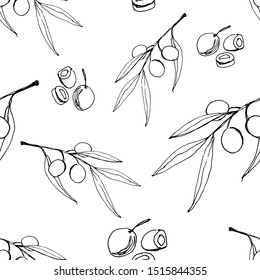 hand drawn olives and leaves in black and white in a graphic style on a seamless background for use in design, natural oil, Italian cuisine, packaging, postcards, food