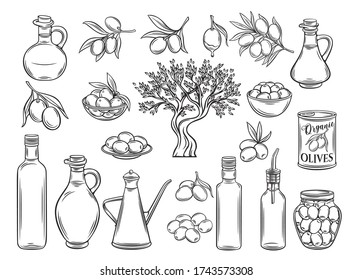 Aceitunas dibujadas a mano, ramas de árboles, botella de vidrio, jarra, dispensador de metal y aceite de oliva. Esquema de ilustración vectorial en estilo de esbozo retro.