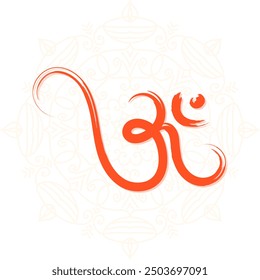 Hand drawn Om religious symbol with mandala background design.