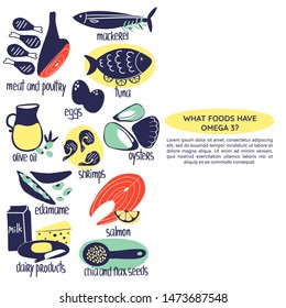 Hand drawn Omega 3 fatty acids food sources: salmon mackerel, oysters, shrimps, olive oil, chia and flax seeds, edamame, tuna. Vector illustration is for pharmacological or medical poster, brochure.