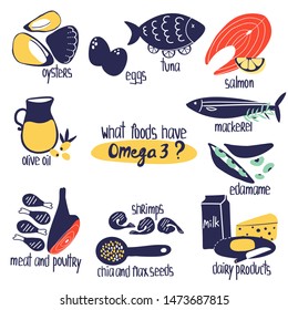 Hand drawn Omega 3 fatty acids food sources: salmon mackerel, oysters, shrimps, olive oil, chia and flax seeds, edamame, tuna. Vector illustration is for pharmacological or medical poster, brochure.