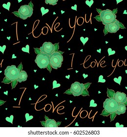 Hand drawn on a black background. Seamless pattern Valentines day background in orange and green colors. Vector abstract love elements contains of hearts, love text, rose flower, letter.