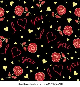 Hand drawn on a black background. Seamless pattern Valentines day background in red and yellow colors. Vector abstract love elements contains of hearts, love text, rose flower.