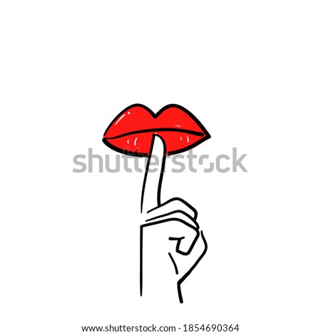 hand drawn hand on lips symbol  for do not disturb icon, please do quiet, pssst, silence line in doodle style