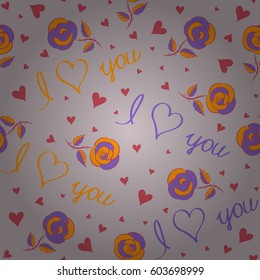 Hand drawn on a neutral background. Seamless pattern Valentines day background. Vector abstract love elements contains of hearts, flower, love text.