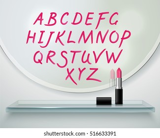 Hand drawn on round mirror red lipstick alphabet letters realistic composition with glass shelf transparent vector illustration 