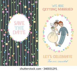Hand drawn on the wedding elements. Wedding invitation cards with floral elements and bride and groom. Vector cards design. Wedding invitation, save the date. Vintage labels. Hand drawn ornaments. 