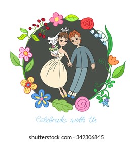 Hand drawn on the wedding elements. Wedding invitation cards with floral elements and bride and groom. Vector cards design. Wedding invitation, save the date. Vintage labels. Hand drawn ornaments. 