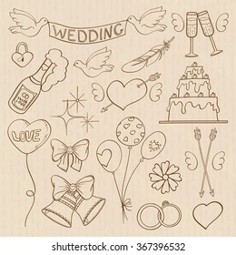 Hand drawn on the wedding elements. Vector cards design. Hand drawn ornaments on the old paper background. Outline.