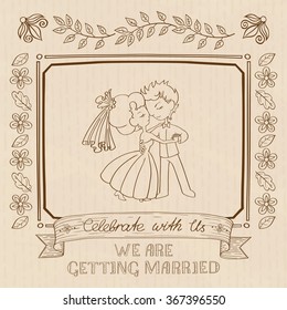 Hand drawn on the wedding elements. Wedding invitation cards with floral elements and bride and groom. Vector design. Wedding invitation, save the date. Vintage labels. Hand drawn ornaments. Outline.