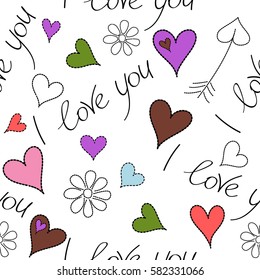 Hand drawn on a white background. Seamless pattern Valentines day background in pink and violet colors. Vector abstract love elements contains of hearts, I love you text, chamomile flower.