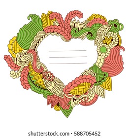Hand drawn on white background. Zentangle pattern. Heart of leaves, waves and other elements for wedding invitation,  post cards with text space
