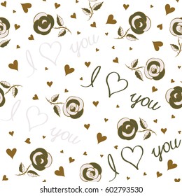 Hand drawn on a white background. Seamless pattern Valentines day background in green and brown colors. Vector abstract love elements contains of hearts, love text, rose flower.