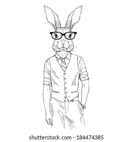 Hand drawn one color illustration of hare dressed up in office style isolated on white