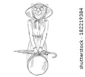 Hand drawn one color sketch of cheetah girl dressed up in vintage style isolated on white