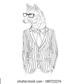 Hand drawn one color sketch of wolf dressed up in office suit isolated on white