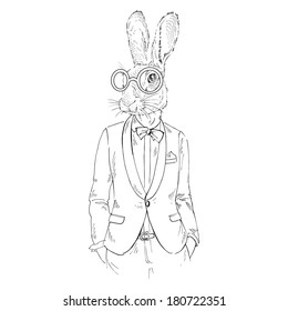 Hand drawn one color sketch of bunny hipster isolated on white